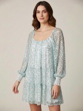 Alice + Olivia Sage Sequin Tiered Babydoll Mini Dress S